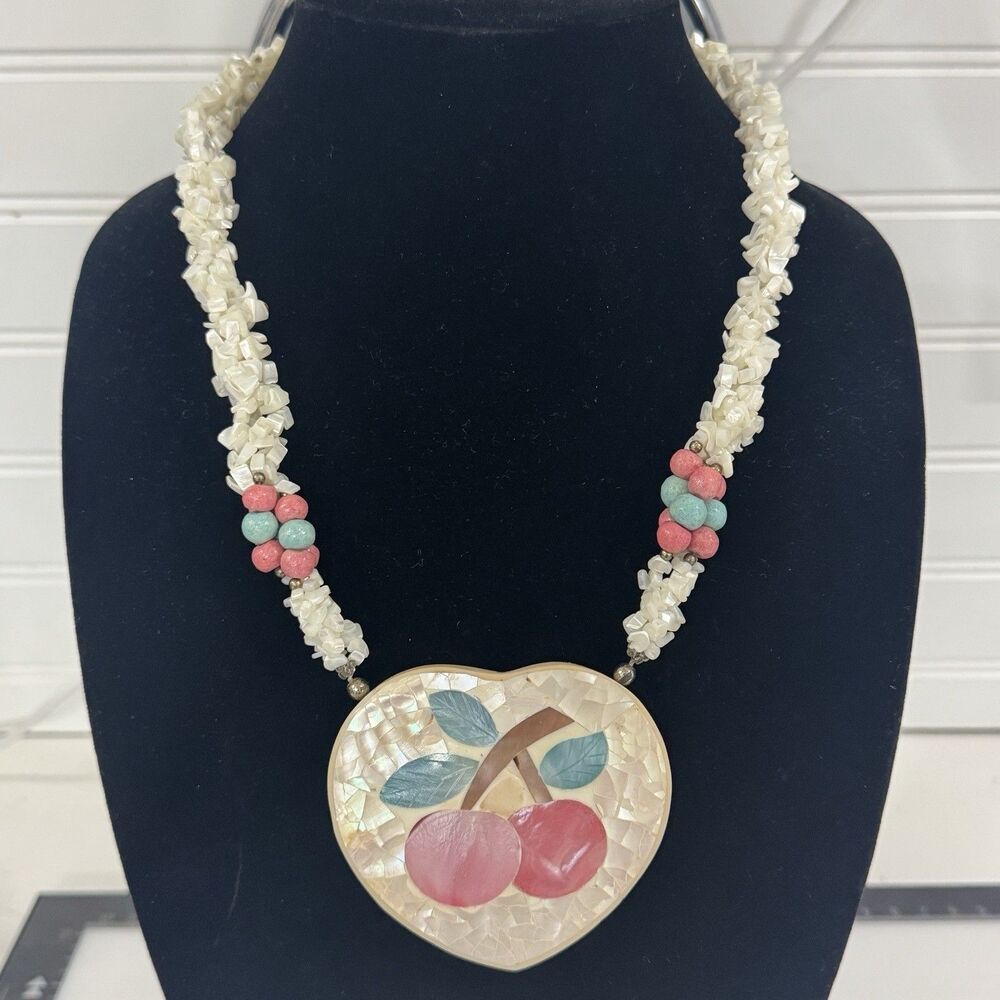 Vintage Mother of Pearl Cherry Necklace Mixed Media Shell Bead Multi Strand 103g